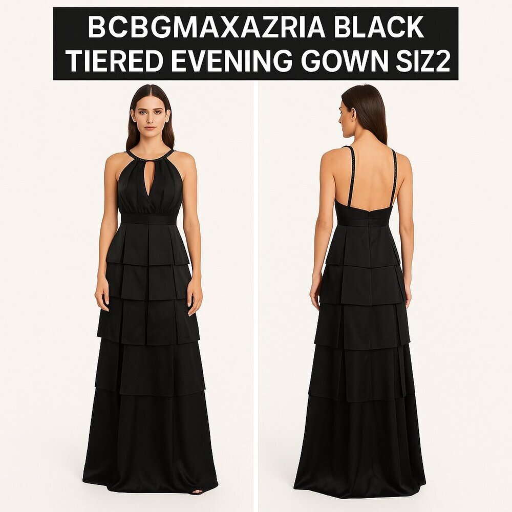 BCBGMaxAzria Black Ruched Tiered Gown
